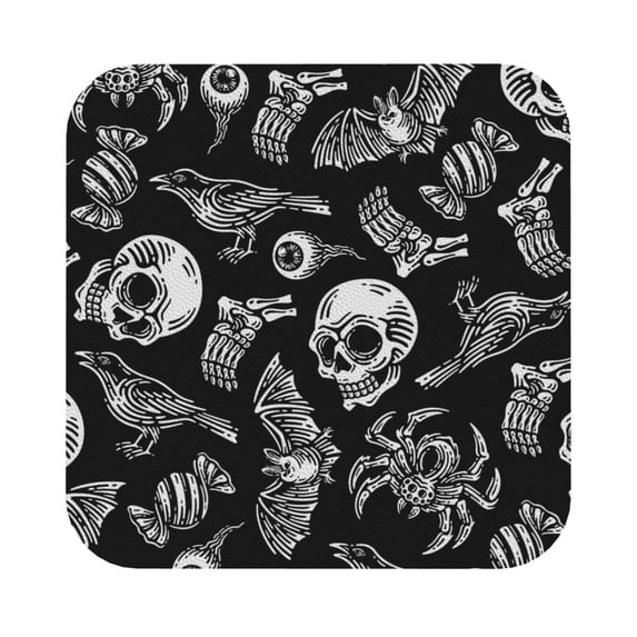 Gaeub Skull bird bat spider Print 6 Pcs Leather Coasters for Drinks ,Drink Coasters Sets,Drink Table Cup Coasters for Living Room Kitchen Coffee Decor,Square