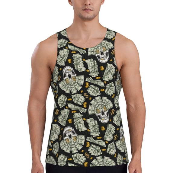 Gaeub Skull with Dollar Men's Athletic Tank Top, Workout Sleeveless Shirts, Running Tank Tops for Gym, Running, Training - Medium