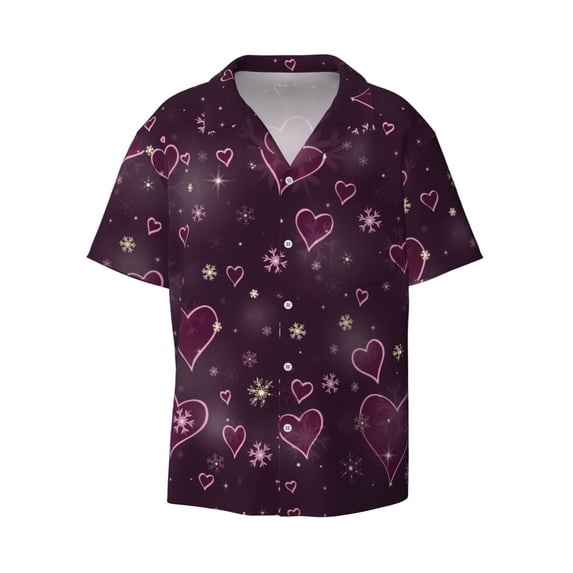 Gaeub Snowflakes and Hearts Men's Lapel Short Sleeve Shirt, Relaxed Fit Shirt, Soft and Breathable for Outdoors Party Travel - 3X-Large