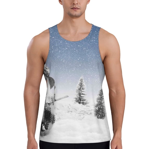 Gaeub Snowman And Christmas Tree Men's Athletic Tank Top, Workout Sleeveless Shirts, Running Tank Tops for Gym, Running, Training - X-Large
