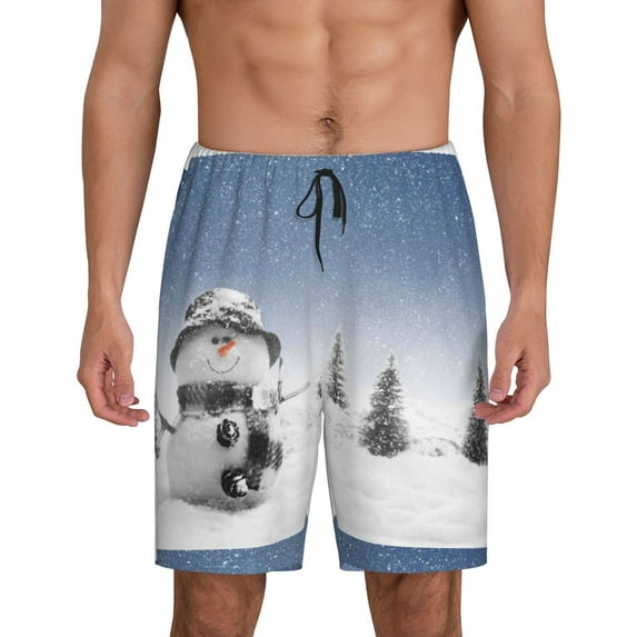 Gaeub Snowman And Christmas Tree Printed Men's Short Pajama Pants, Lightweight Lounge & Sleep Bottoms Keep You Cool - XX-Large