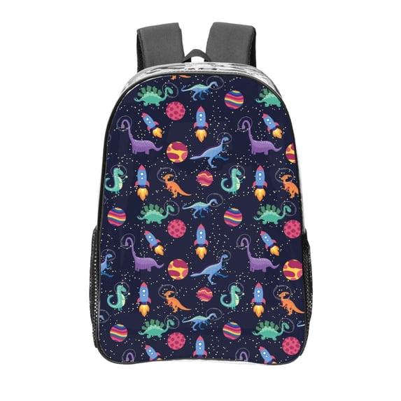 Gaeub Space Dinosaur Print Clear Backpack ,Clear Transparent Backpack, PVC Bag with Side Pockets,for Concert, Beach, Work, Travel & Sporting