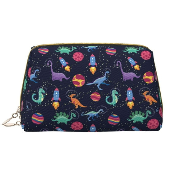 Gaeub Space Dinosaur Printed Travel Cosmetic Bag,Makeup Bag, Large Capacity Toiletry Bag for Women, Portable Pouch Make Up Organizer with Zipper and Divider