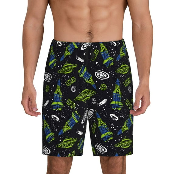Gaeub Space Rockets Printed Men's Short Pajama Pants, Lightweight Lounge & Sleep Bottoms Keep You Cool - Medium