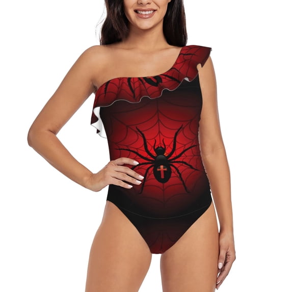 Gaeub Spider on the Web Women's One Shoulder Ruffle Tummy Control Swimwear for Swimming Surfing Beach Party - XX-Large
