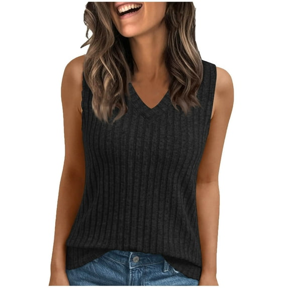 Summer Tops For Women Knitted Stripe T-Shirts V Neck Sleeveless Shirts Pure Basic Tunic Tee Lounge Breathable Camisole Relaxed Fit Camis Pullover Sweater Blouses Beach Vacation Clothes