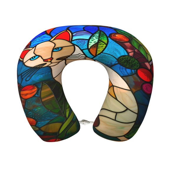 Gaeub Stained Glass Cat Art Print Memory Foam Travel Pillow,U-Shaped Neck Pillow,Head Neck Support Airplane Pillow,Flight Pillow for Traveling,Car,Home,Office,Washable Cover