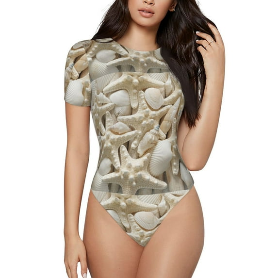 Gaeub Starfish And Sea Shells Women'S Short Sleeve One Piece Swimsuit Sexy High-Waisted Bodysuit For Swimming, Beach, Sports - Small