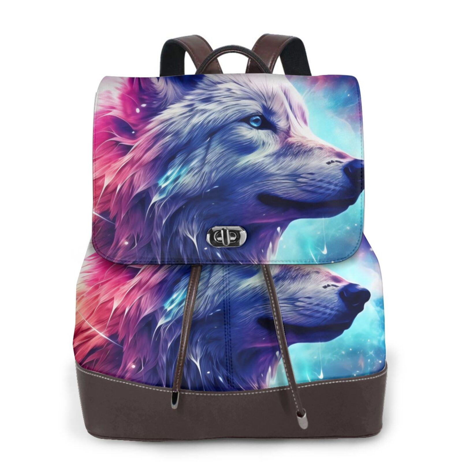 Gaeub Starry Multicolored Wolf Print Women's Leather Backpack,Travel ...