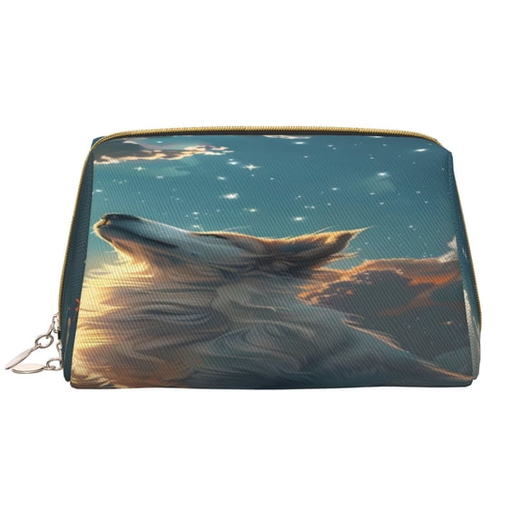 Gaeub Starry Sky Cloud Wolf Printed Travel Cosmetic Bag,Makeup Bag, Large Capacity Toiletry Bag for Women, Portable Pouch Make Up Organizer with Zipper and Divider