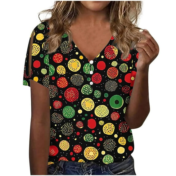 Summer Vintage T-Shirts For Women Cropped Short Sleeve Tops V Neck Tees Printed Tee Shirts Front Button Tunic Tops Relaxed Fit Dressy Shirts Formal Trendy Tunics Blouses Going Out Outfits