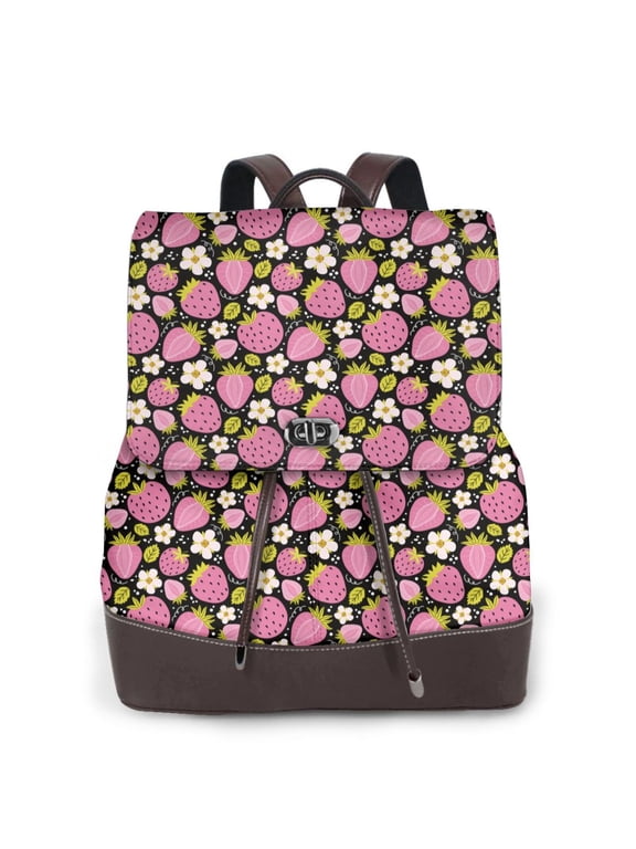Strawberry Print Women's Leather Backpack,Travel Laptop Backpack,Fashion Ladies Leather Backpack Bag for Travel,Leather Drawstring Daypack for Me