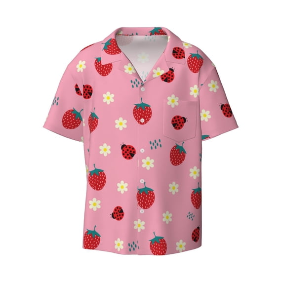 Gaeub Strawberry and Ladybugs Men's Lapel Short Sleeve Shirt, Relaxed Fit Shirt, Soft and Breathable for Outdoors Party Travel - 4X-Large