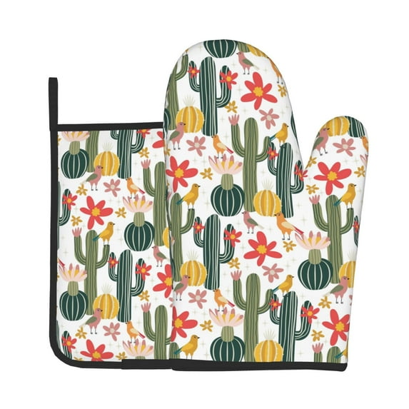 Gaeub Summer Cactus With Blooming Print Oven Mitts and Pot Holders Sets of 2,Heat Resistant Pad,Cooking Gloves, for Baking BBQ Home Decor