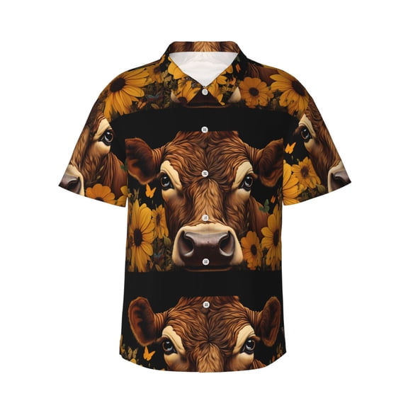 Gaeub Sunflower Butterfly Cow Print Men's Hawaiian Shirt,Button Down Short Sleeves Shirts,Tropical Beach Casual Button Down Shirts,XX-Large