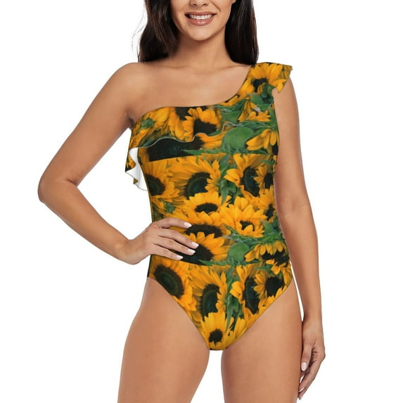 Gaeub Sunflowers 7 Women's One Shoulder Ruffle Tummy Control Swimwear for Swimming Surfing Beach Party - XX-Large