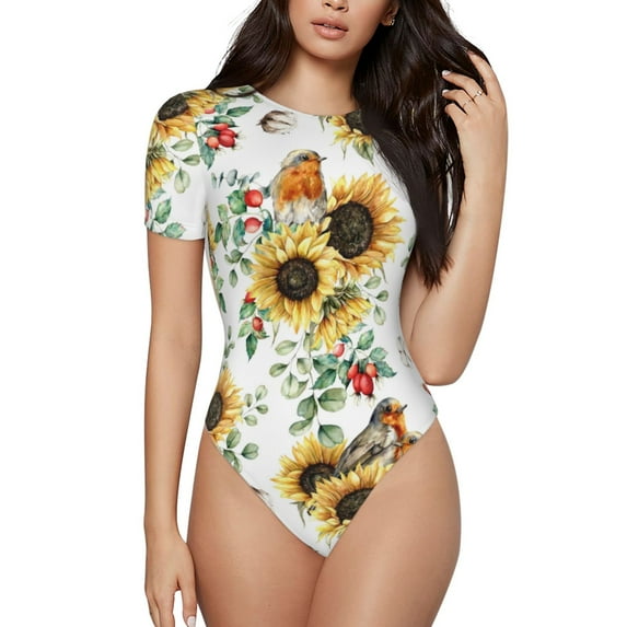 Gaeub Sunflowers Leaves And Birds Women'S Short Sleeve One Piece Swimsuit Sexy High-Waisted Bodysuit For Swimming, Beach, Sports - X-Large
