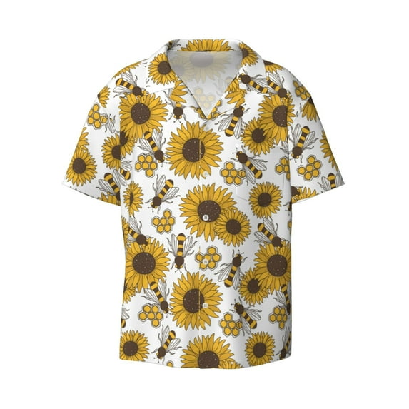 Gaeub Sunflowers and Bees Men's Lapel Short Sleeve Shirt, Relaxed Fit Shirt, Soft and Breathable for Outdoors Party Travel - XX-Large