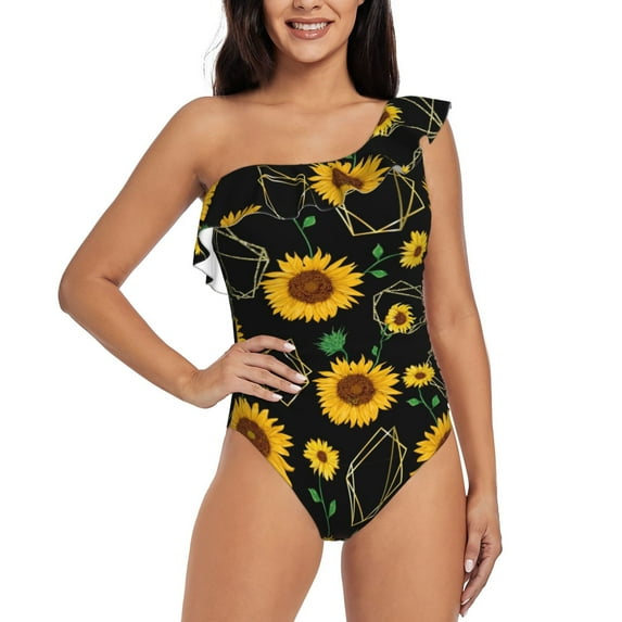 Gaeub Sunflowers3 Women's One Shoulder Ruffle Tummy Control Swimwear for Swimming Surfing Beach Party - Small
