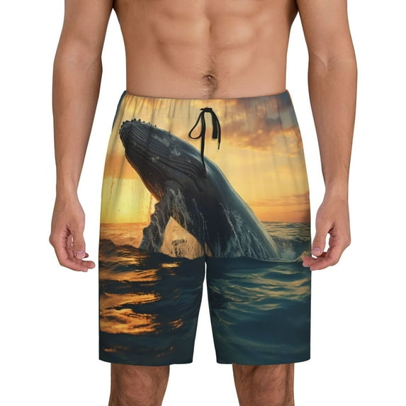 Gaeub Sunset Ocean Whale Print Men's Short Pajama Pants, Sleep Shorts, Household Pants, Casual Pants with Pockets-X-Large