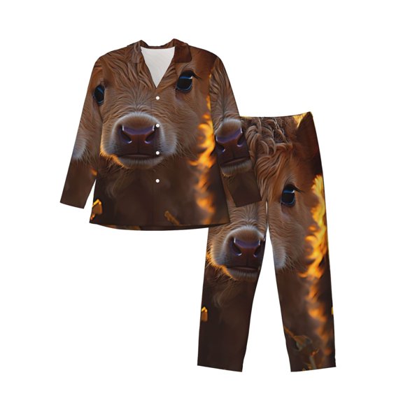 Gaeub Sunset Sunflower Cow Mens Pajamas Set Mens Sleepwear with Long Sleeve Top & Bottoms PJs-Small