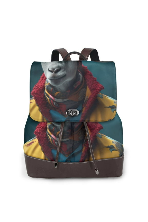 Surrealist Goat Print Women's Leather Backpack,Travel Laptop Backpack,Fashion Ladies Leather Backpack Bag for Travel,Leather Drawstring Daypack for Me
