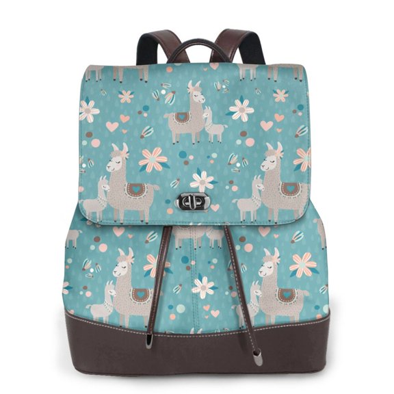 Gaeub Teal Mama Llama Print Women's Leather Backpack,Travel Laptop Backpack,Fashion Ladies Leather Backpack Bag for Travel,Leather Drawstring Daypack for Me