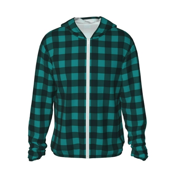 Gaeub Teal On Black Plaid Men's and Women's UPF 50+ Long-Sleeved Sun Protection Clothing, Fishing Shirt Long Sleeve Zip-3X-Large