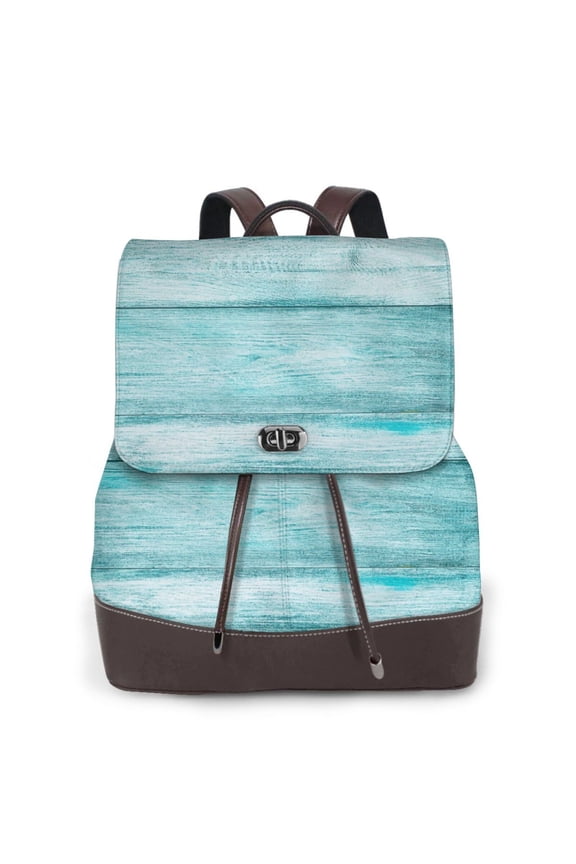 Teal Turquoise Wood Print Women's Leather Backpack,Travel Laptop Backpack,Fashion Ladies Leather Backpack Bag for Travel,Leather Drawstring Daypack for Me