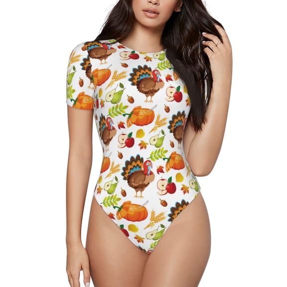 Gaeub Thanksgiving Turkey Print Women's Short Sleeve One Piece Swimsuit Sexy High-Waisted Bodysuit Bathing Suit for Swimming, Beach, Sports-X-Large