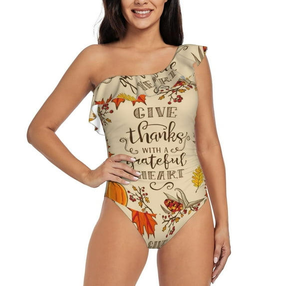 Gaeub Thanksgiving With A Grateful Heart Women's One Shoulder Ruffle Tummy Control Swimwear for Swimming Surfing Beach Party - XX-Large