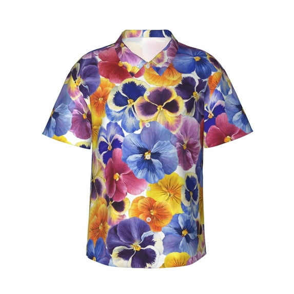 Gaeub The Garden Tricolor Pansy Flower Print Men's Hawaiian Shirt,Button Down Short Sleeves Shirts,Tropical Beach Casual Button Down Shirts,XX-Large