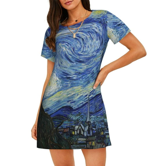 Gaeub The Starry Night Print Women's Short-Sleeved Nightdress,Loose Comfy Pajama Sleepwear,Summer Night-dresses for Women