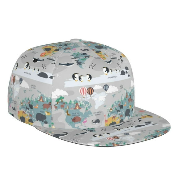 Gaeub The World Map with Cartoon Animals Flat Bill Snapback Hats Baseball Caps with Adjustable for Running Workouts and Outdoor Activities
