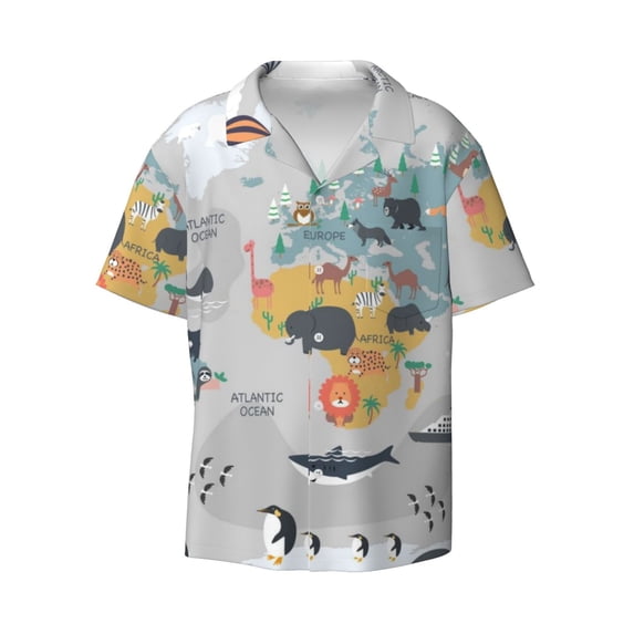 Gaeub The World Map with Cartoon Animals Men's Lapel Short Sleeve Shirt, Relaxed Fit Shirt, Soft and Breathable for Outdoors Party Travel - 3X-Large