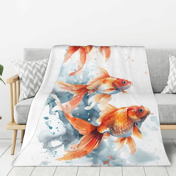 Gaeub Three Goldfish Watercolor Splash Print Flannel Throw Blanket, Home Fleece Throw Blanket for Couch or Bed,Decorative Blankets,Lightweight Fuzzy Flannel Blanket-60"x50"
