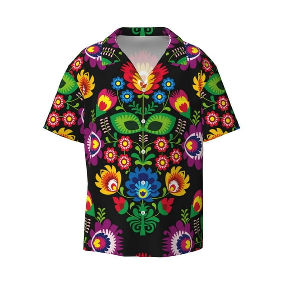 Gaeub Traditional Floral Polish Men's Lapel Short Sleeve Shirt, Relaxed Fit Shirt, Soft and Breathable for Outdoors Party Travel - Large