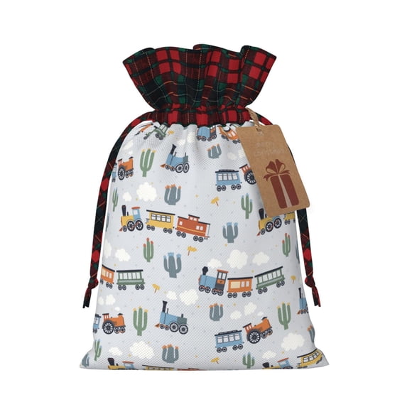 Gaeub Trains And Cactuse Print Christmas Gift Bag with Drawstrings,Drawstring Gift Bag for Xmas,Christmas Linen Bag,Gift Wrapping Bags for Presents Party -Black