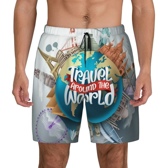 Gaeub Travel Around The World Mens Swim Trunks Stretch Beach Shorts Quick Dry for Men Swim Shorts Swimwear with Pockets- X-Large