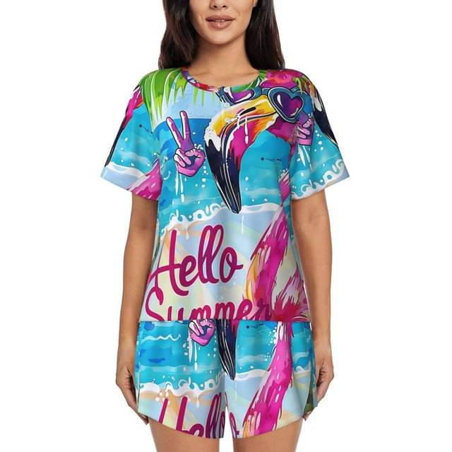 Gaeub Tropical Flamingo Summer Women's Short Sleeve Pajama Set Soft