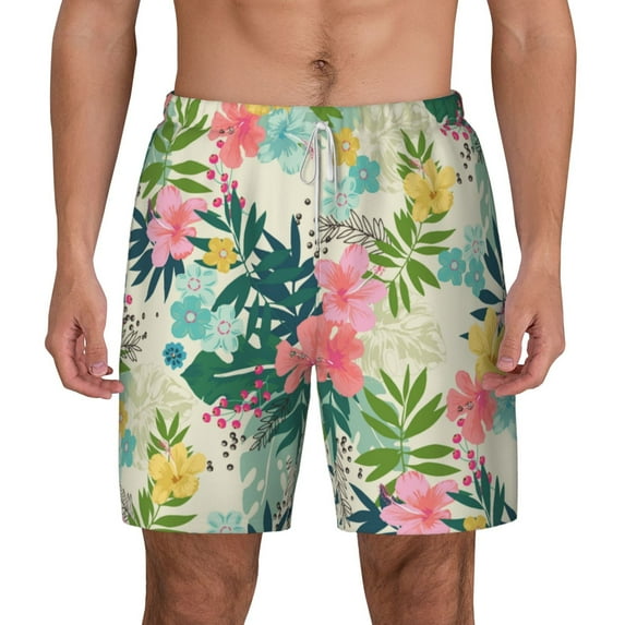 Gaeub Tropical Flowers Mens Swim Trunks Stretch Beach Shorts Quick Dry for Men Swim Shorts Swimwear with Pockets- Large