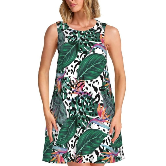 Gaeub Tropical Leaves Print Women's Sleeveless Dresses,Beach Casual Tank Loose Sundress,A Line Beach Dresses with Pockets,Womens Summer Maxi Dress