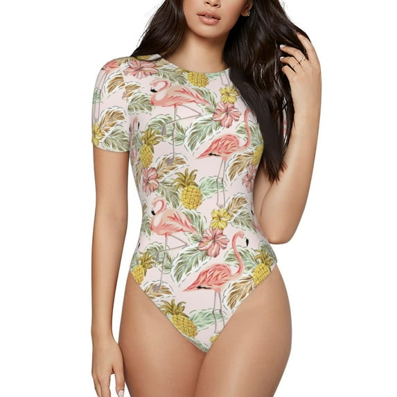 Gaeub Tropical Pink Flamingo Pineapple Women'S Short Sleeve One Piece Swimsuit Sexy High-Waisted Bodysuit For Swimming, Beach, Sports - Small