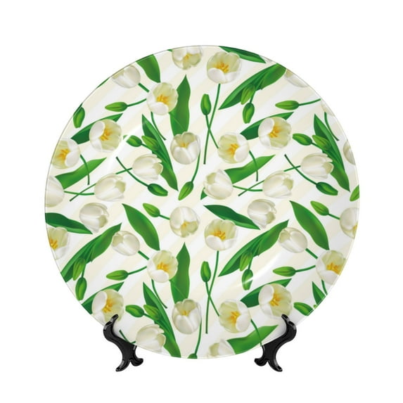 Gaeub Tulips Flowers Print Ceramic Plate,Dinner Plates,Bone China Decorative Plates with Display Stand,Art Ceramic Ornaments for Wall Hanging Decoration-7in