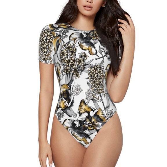 Gaeub Tulips Flowers Print Women's Short Sleeve One Piece Swimsuit Sexy High-Waisted Bodysuit Bathing Suit for Swimming, Beach, Sports-XX-Large