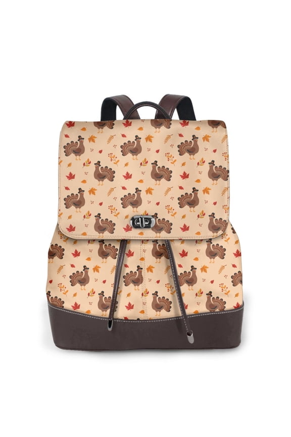 Turkey And Autumn Leaves Print Women's Leather Backpack,Travel Laptop Backpack,Fashion Ladies Leather Backpack Bag for Travel,Leather Drawstring Daypack for Me