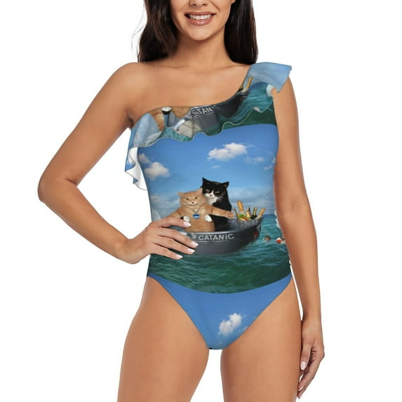 Gaeub Two Brave Cats Are Floating On The Sea Iceberg Women's One Shoulder Ruffle Tummy Control Swimwear for Swimming Surfing Beach Party - Large