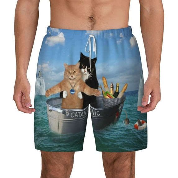 Gaeub Two Brave Cats Are Floating On The Sea Iceberg Mens Swim Trunks Stretch Beach Shorts Quick Dry for Men Swim Shorts Swimwear with Pockets- X-Large