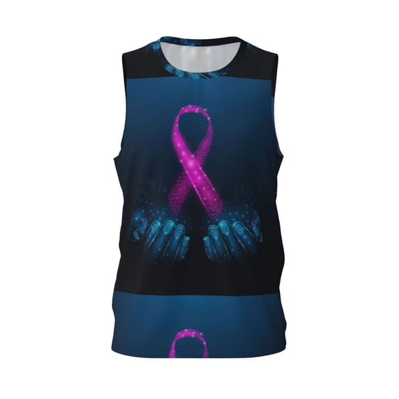 Gaeub Two Human Hands are Holds Pink Ribbon Awareness Men's Mesh Basketball Jersey, Quick-Drying Sleeveless Top S-4XL, Loose Muscle Tank Top -Large