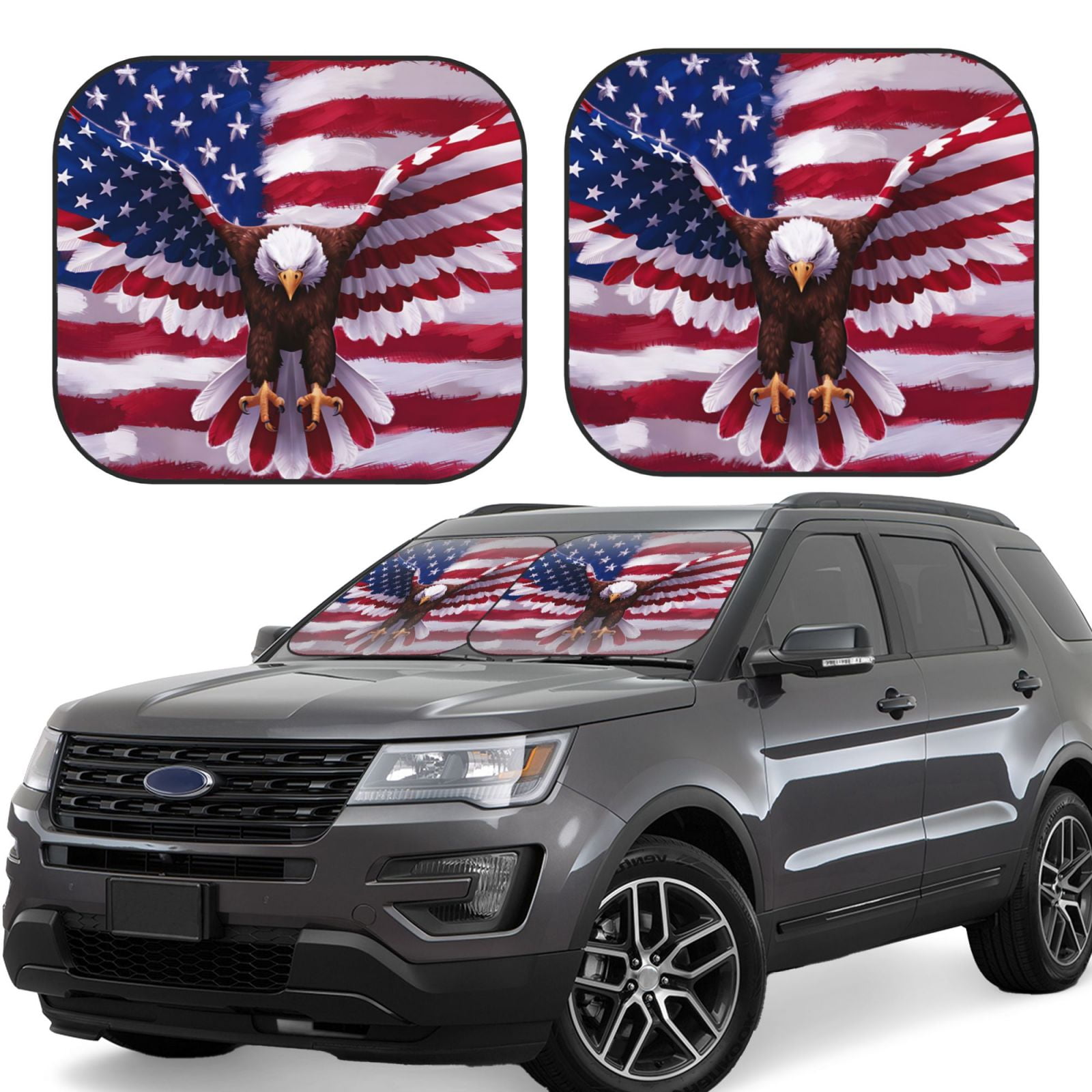 Mumeson 2-Piece American Flag Car Sun Shade Set - 28.5"x25.5" UV Heat Reflector For Windshield